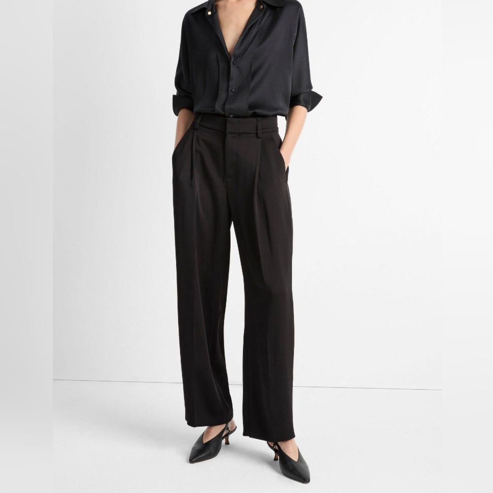 Vince High-Waist Fluid Satin Wide-Leg Trouser Size 8 Black - Picture 1 of 9